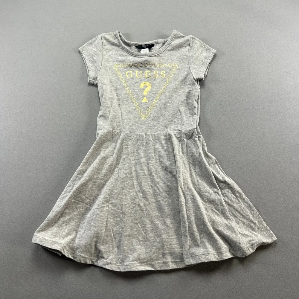 Guess Fit & Flare Dress Kids 5 Heather Gray Cotton Stretch Short Sleeve Vacation